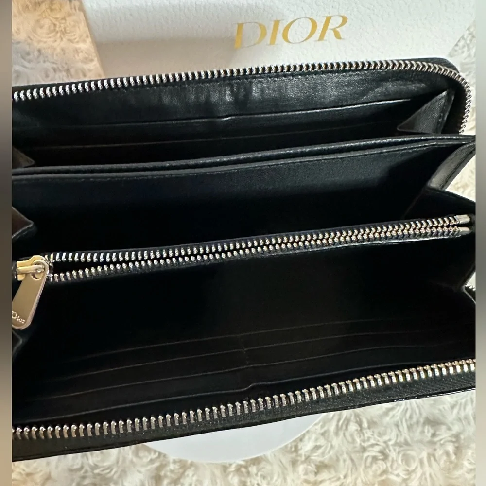 Dior zippy long wallet Lambskin Vernis leather oblique pattern Full Incl…
